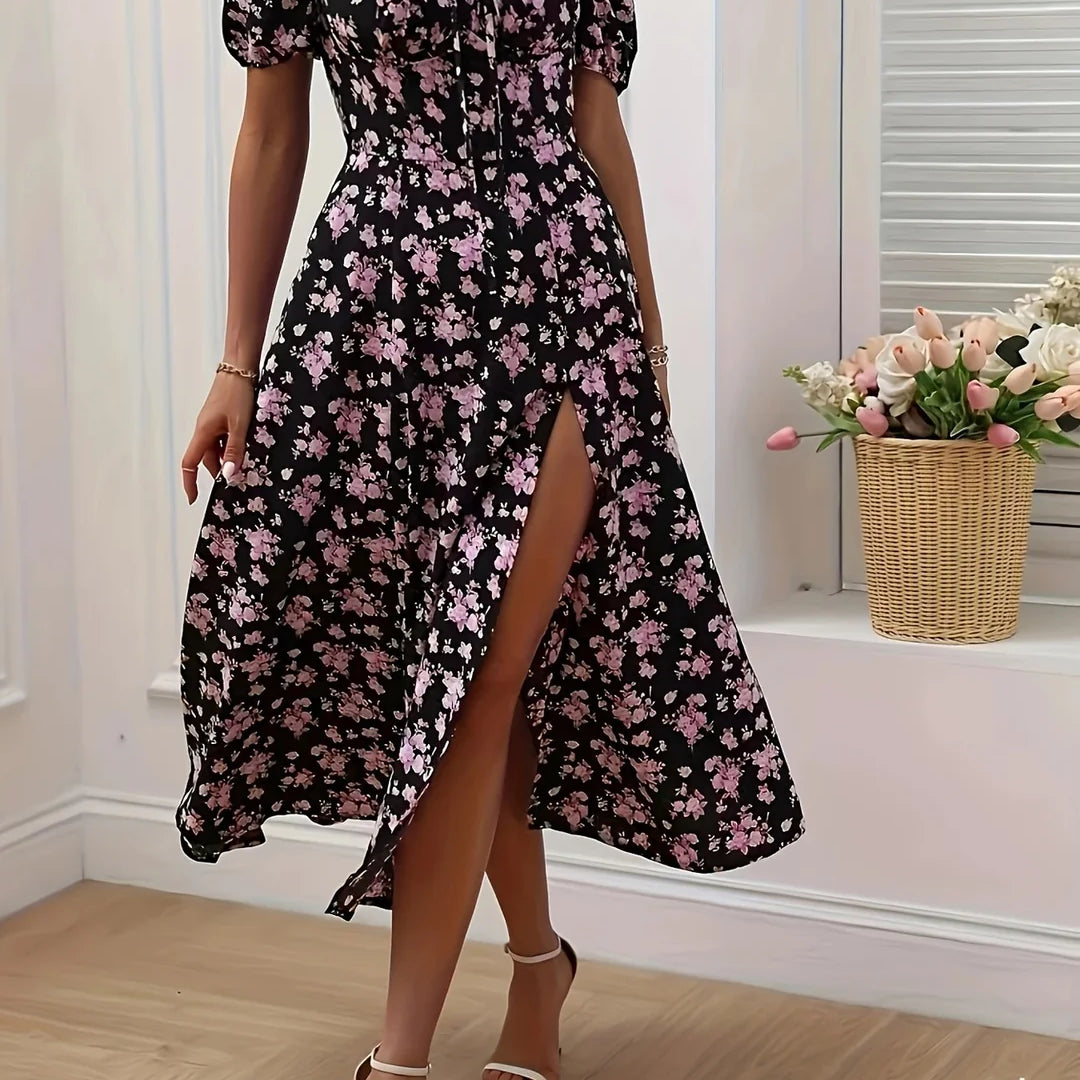 Women’s Floral Sweetheart Midi Dress – Puff Sleeve Slit Summer Dress