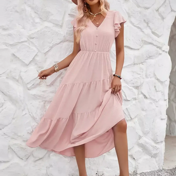 Women’s Flutter Sleeve Tiered Midi Dress – Lightweight Summer Casual Dress