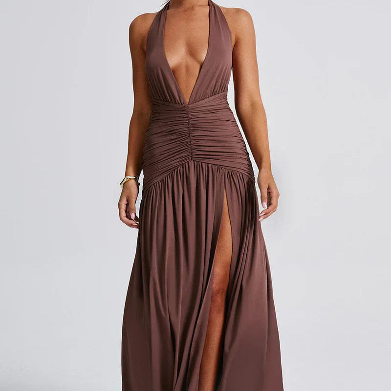 Women’s Halter Ruched Maxi Dress – Elegant Open Back Evening Gown with High Slit