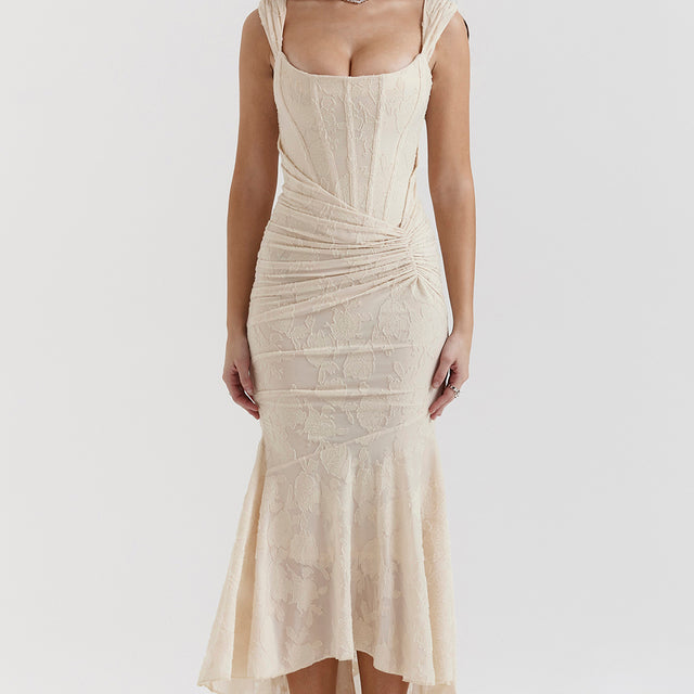 Women’s Lace Corset Maxi Dress – Ruched Bodycon with High-Low Hem