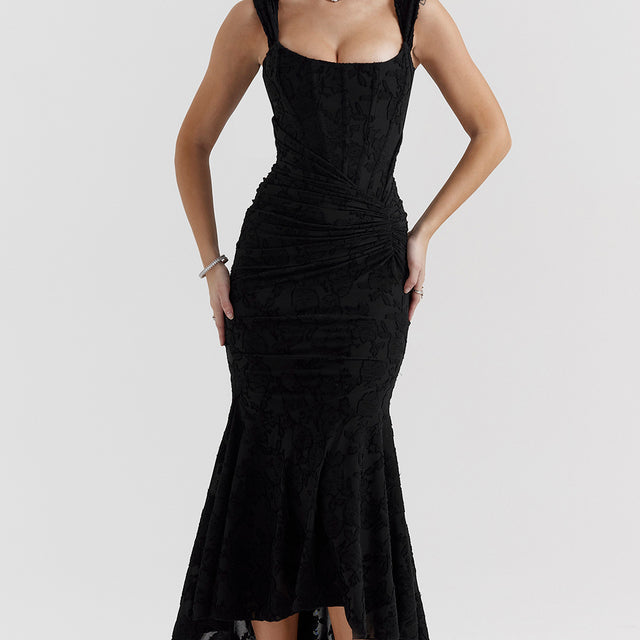 Women’s Lace Corset Maxi Dress – Ruched Bodycon with High-Low Hem
