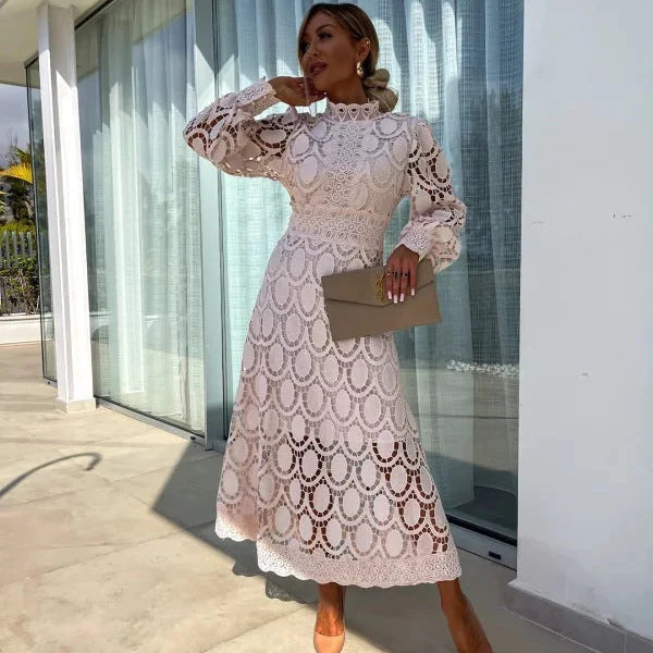 Women’s Lace Midi Dress – Long Sleeve High Neck Elegant Cocktail Outfit