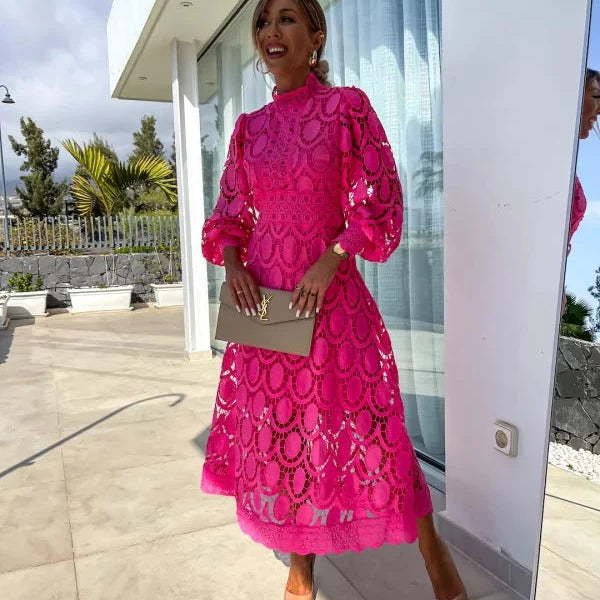 Women’s Lace Midi Dress – Long Sleeve High Neck Elegant Cocktail Outfit