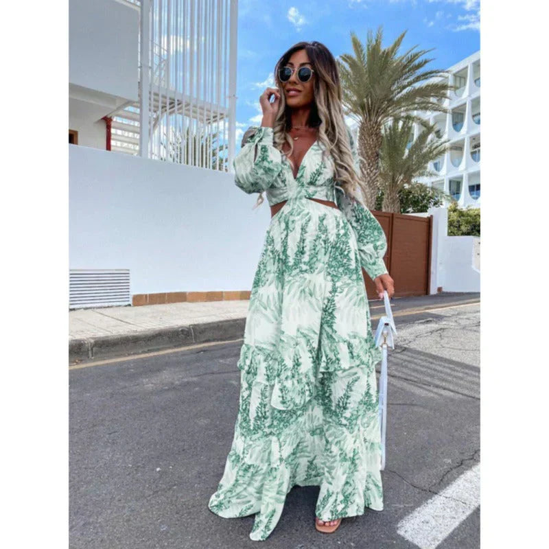Women’s Long Sleeve Maxi Dress – Boho Cut-Out V-Neck Tiered Gown