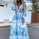 Women’s Long Sleeve Maxi Dress – Boho Cut-Out V-Neck Tiered Gown