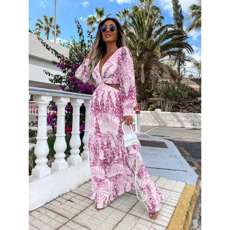 Women’s Long Sleeve Maxi Dress – Boho Cut-Out V-Neck Tiered Gown