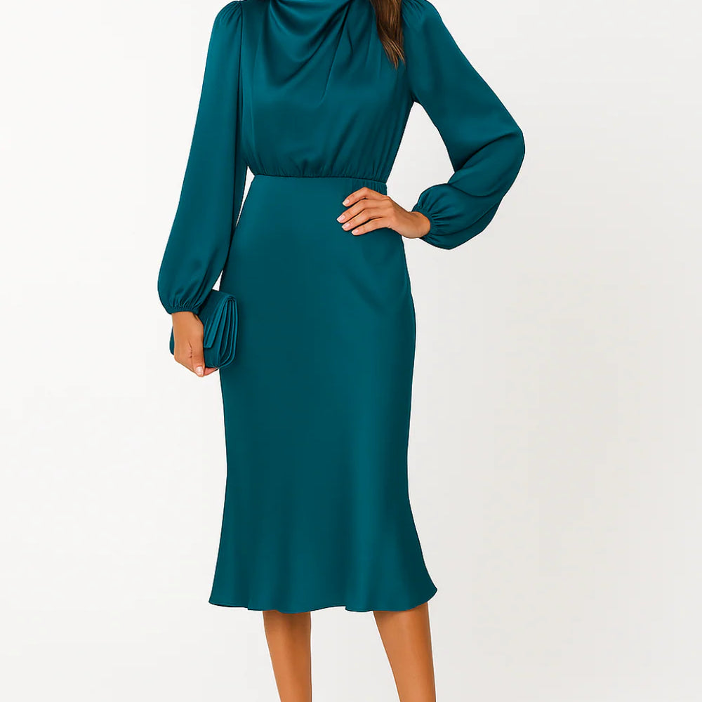 Women’s Long Sleeve Satin Midi Dress – High Neck Elegant Evening Dress