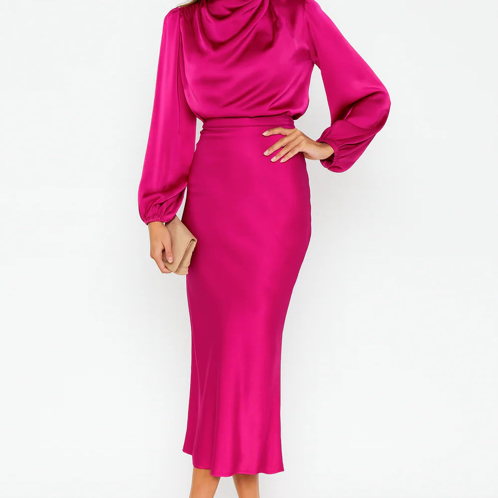 Women’s Long Sleeve Satin Midi Dress – High Neck Elegant Evening Dress