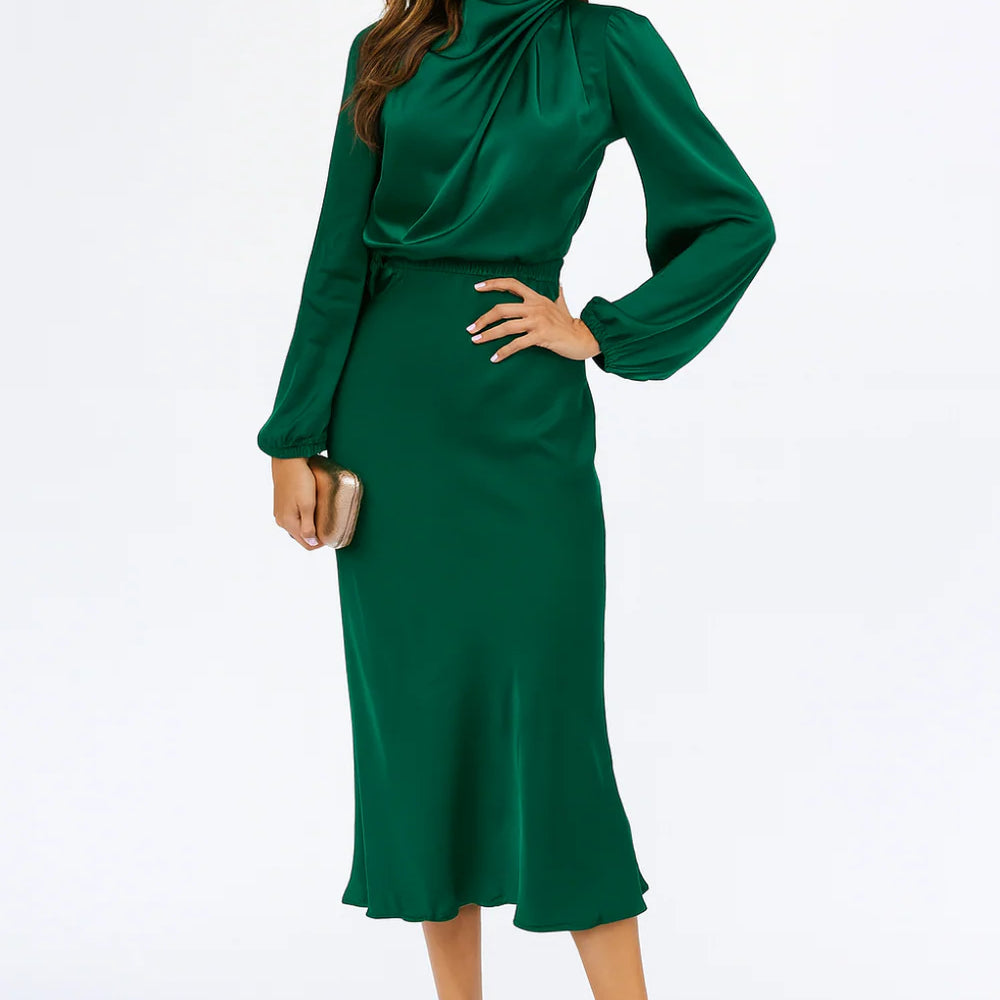 Women’s Long Sleeve Satin Midi Dress – High Neck Elegant Evening Dress