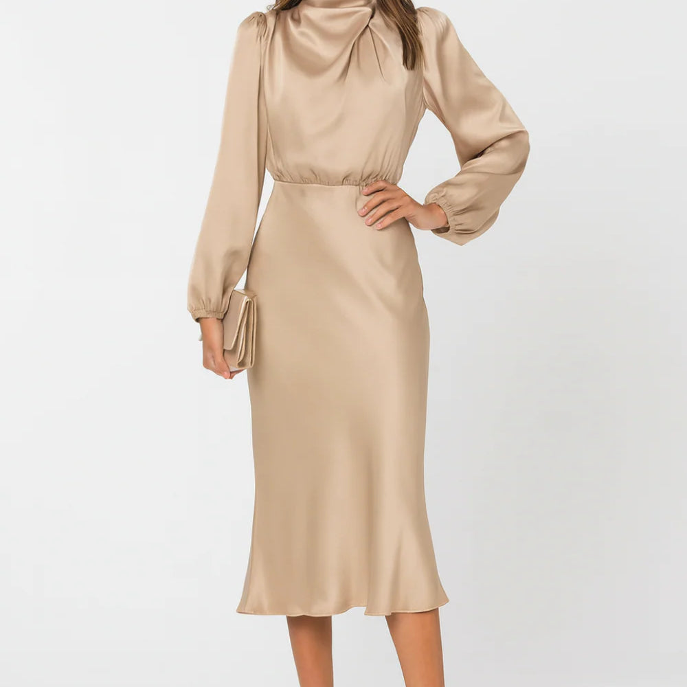 Women’s Long Sleeve Satin Midi Dress – High Neck Elegant Evening Dress