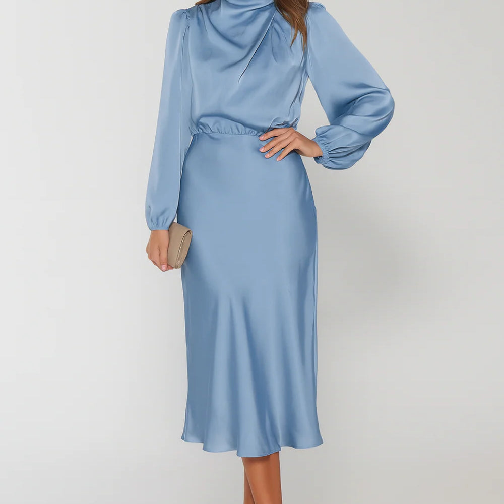 Women’s Long Sleeve Satin Midi Dress – High Neck Elegant Evening Dress