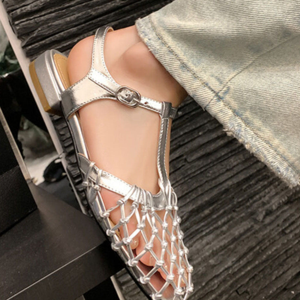 Women’s Mesh T-Strap Flat Sandals – Hollow Out Buckle Design