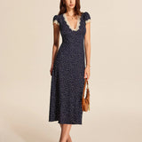 Women’s Navy Polka Dot Midi Dress – Vintage Lace Trim Deep V-Neck