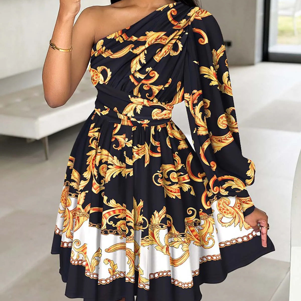 Women’s One-Shoulder A-Line Mini Dress – Elegant Printed Party Dress