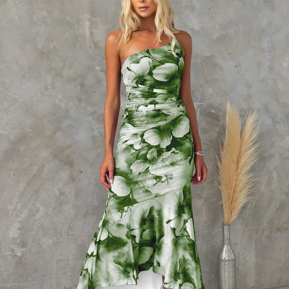 Women’s One-Shoulder Floral Print Midi Dress – High-Low Hem Ruched Design