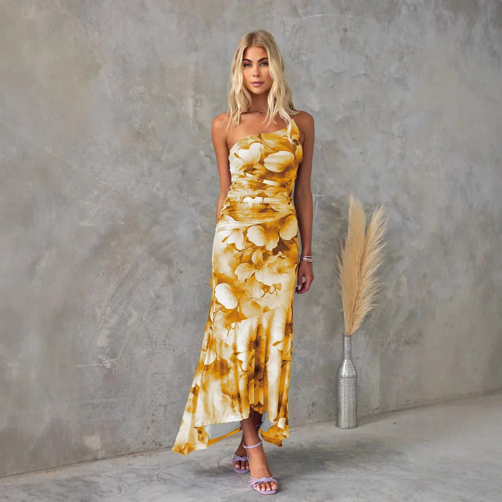 Women’s One-Shoulder Floral Print Midi Dress – High-Low Hem Ruched Design