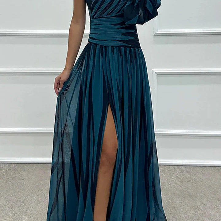 Women’s One-Shoulder Pleated Maxi Dress – Elegant Flowing Evening Gown