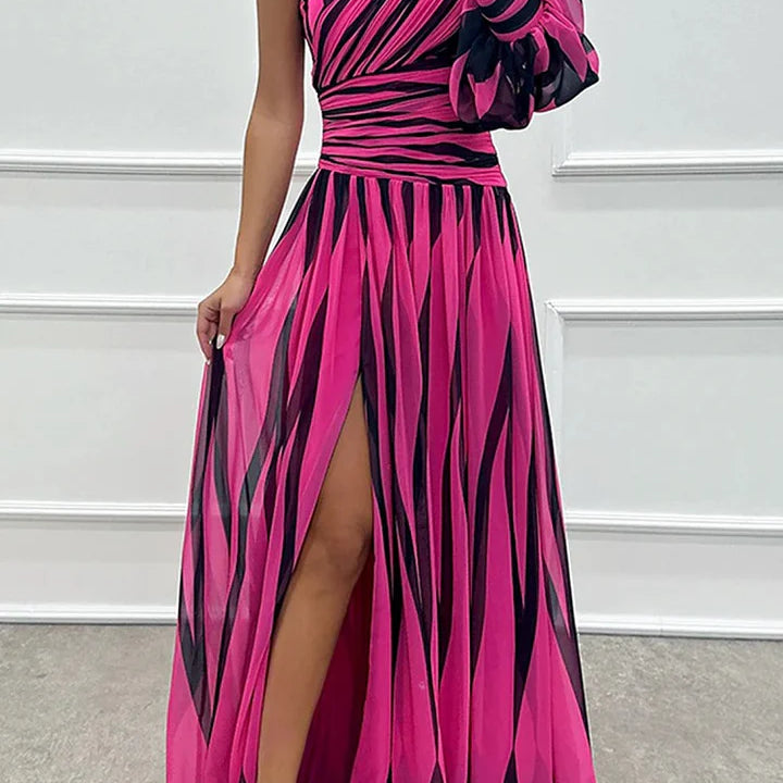 Women’s One-Shoulder Pleated Maxi Dress – Elegant Flowing Evening Gown