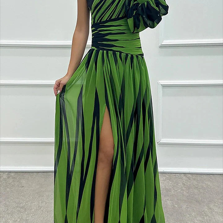 Women’s One-Shoulder Pleated Maxi Dress – Elegant Flowing Evening Gown