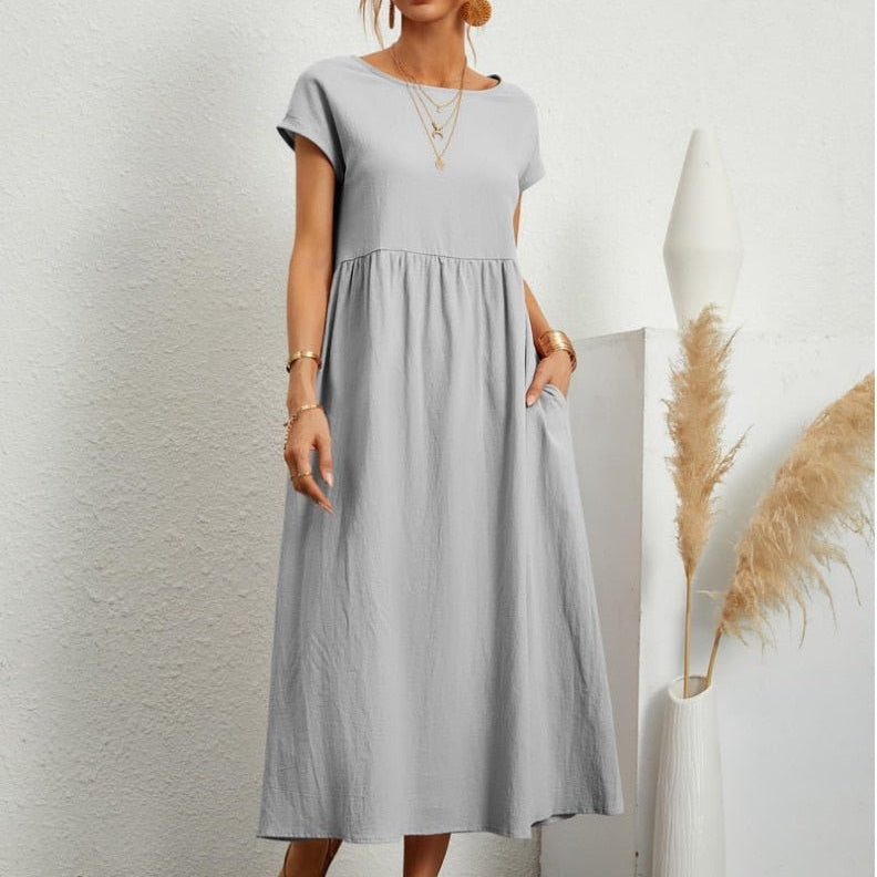 Women’s Relaxed Cotton Midi Dress – Short Sleeve Casual Flowy Fit