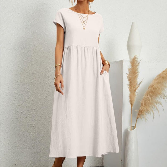 Women’s Relaxed Cotton Midi Dress – Short Sleeve Casual Flowy Fit