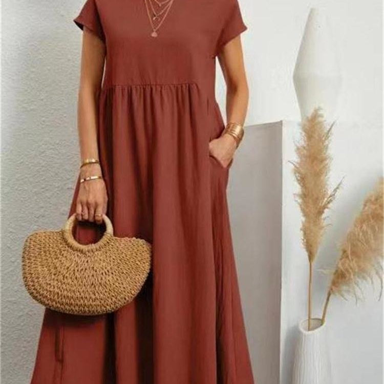 Women’s Relaxed Cotton Midi Dress – Short Sleeve Casual Flowy Fit