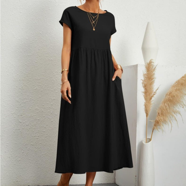 Women’s Relaxed Cotton Midi Dress – Short Sleeve Casual Flowy Fit