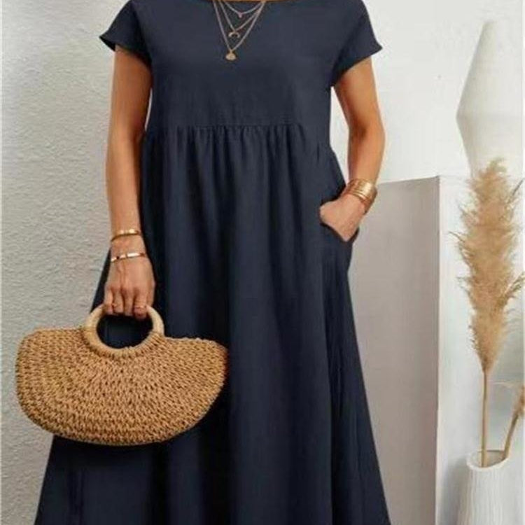Women’s Relaxed Cotton Midi Dress – Short Sleeve Casual Flowy Fit