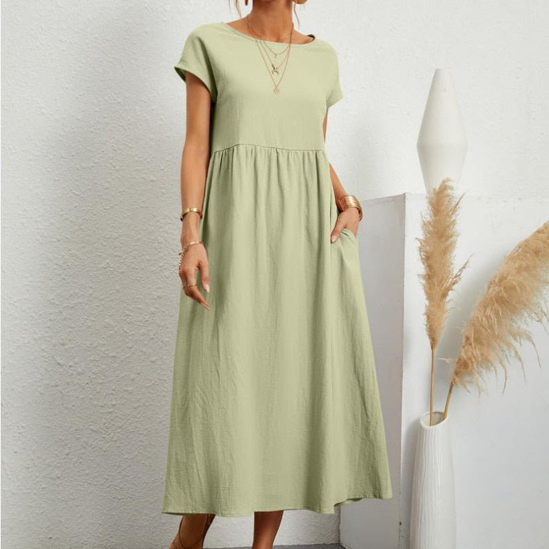 Women’s Relaxed Cotton Midi Dress – Short Sleeve Casual Flowy Fit
