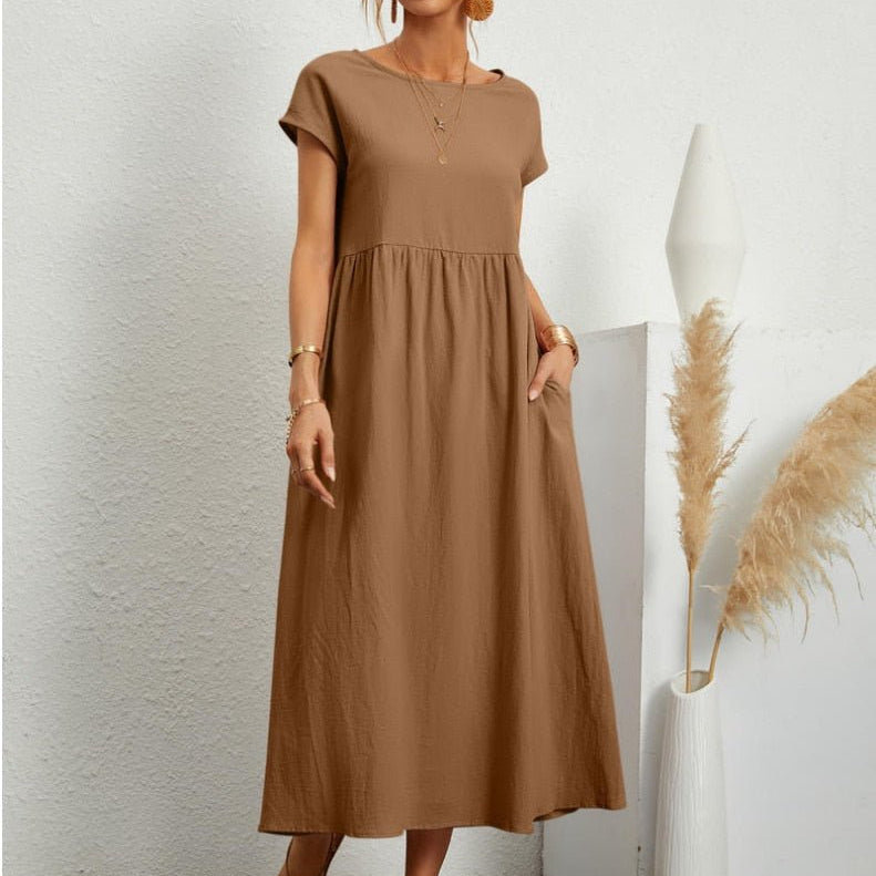 Women’s Relaxed Cotton Midi Dress – Short Sleeve Casual Flowy Fit
