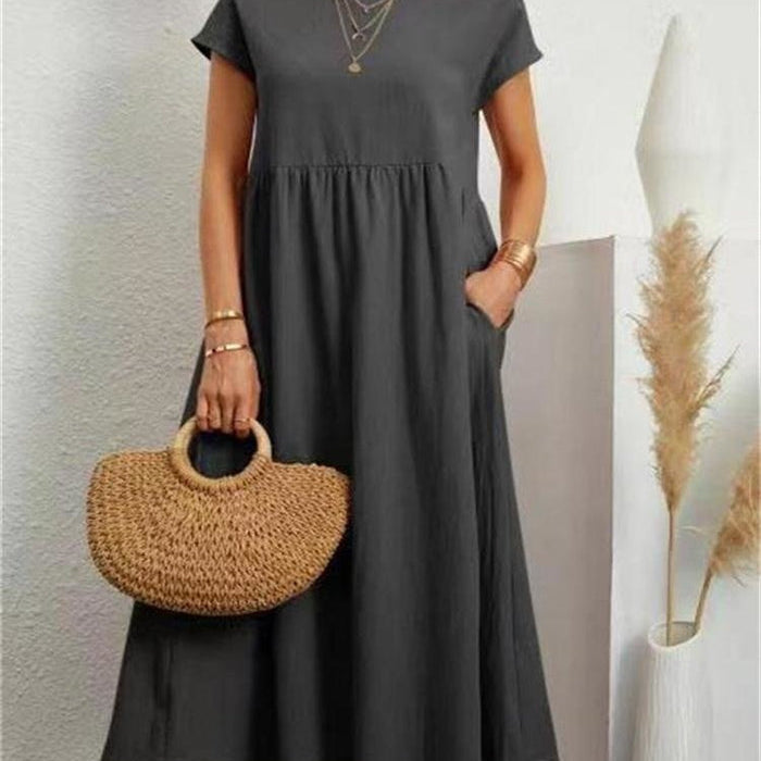 Women’s Relaxed Cotton Midi Dress – Short Sleeve Casual Flowy Fit