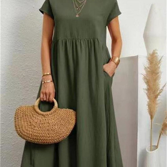 Women’s Relaxed Cotton Midi Dress – Short Sleeve Casual Flowy Fit