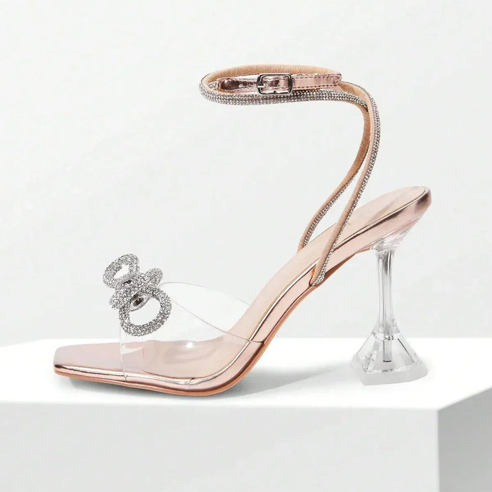 Women’s Rhinestone Bow Ankle Strap Sandals – Clear Heel Elegant Party Heels