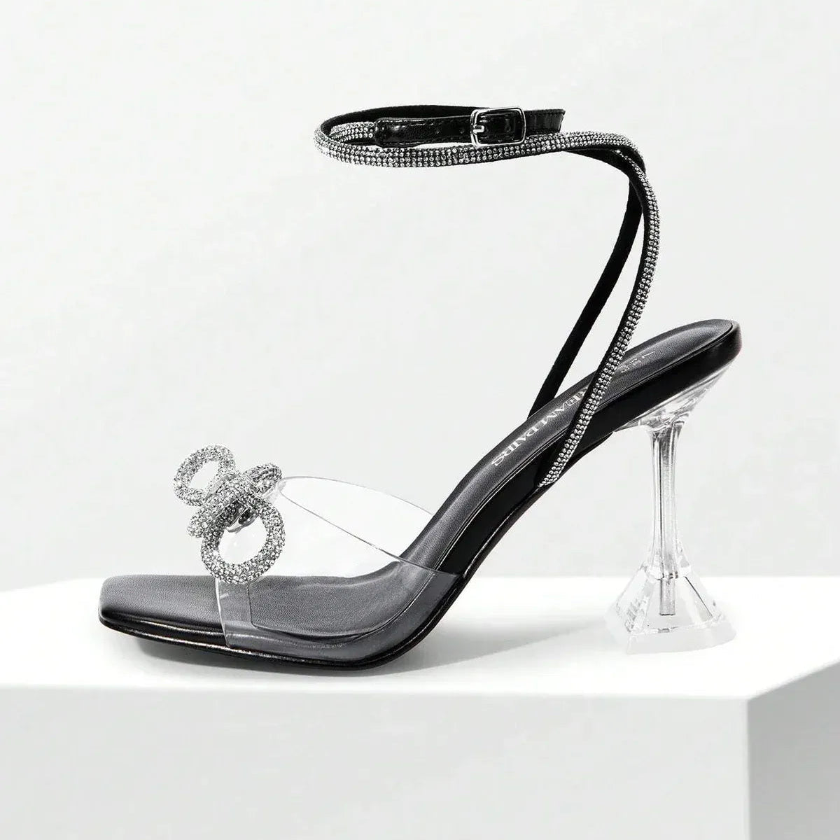 Women’s Rhinestone Bow Ankle Strap Sandals – Clear Heel Elegant Party Heels