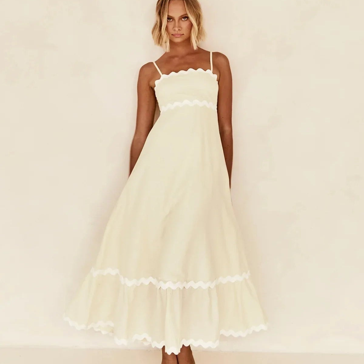 Women's Ruffle Trim Maxi Dress – Tiered Spaghetti Strap Sundress