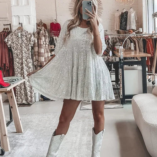 Women’s Sequin Babydoll Mini Dress – Sparkly A-Line Party Dress with Half Sleeves