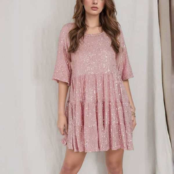 Women’s Sequin Babydoll Mini Dress – Sparkly A-Line Party Dress with Half Sleeves