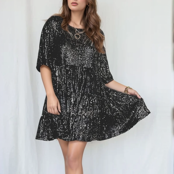 Women’s Sequin Babydoll Mini Dress – Sparkly A-Line Party Dress with Half Sleeves