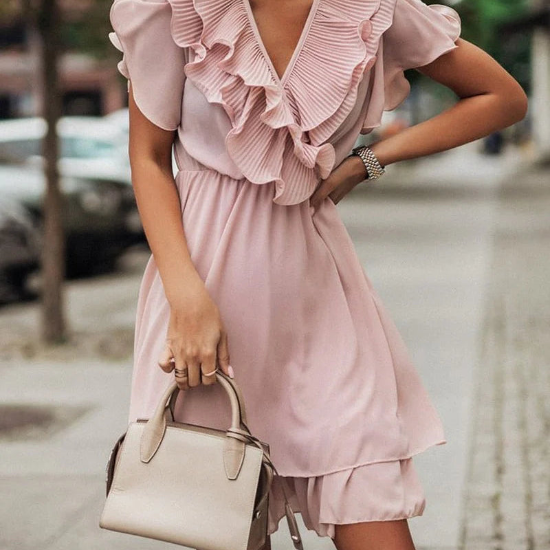 Women’s Short Ruffle Dress – V-Neck Pleated Layered Mini Dress