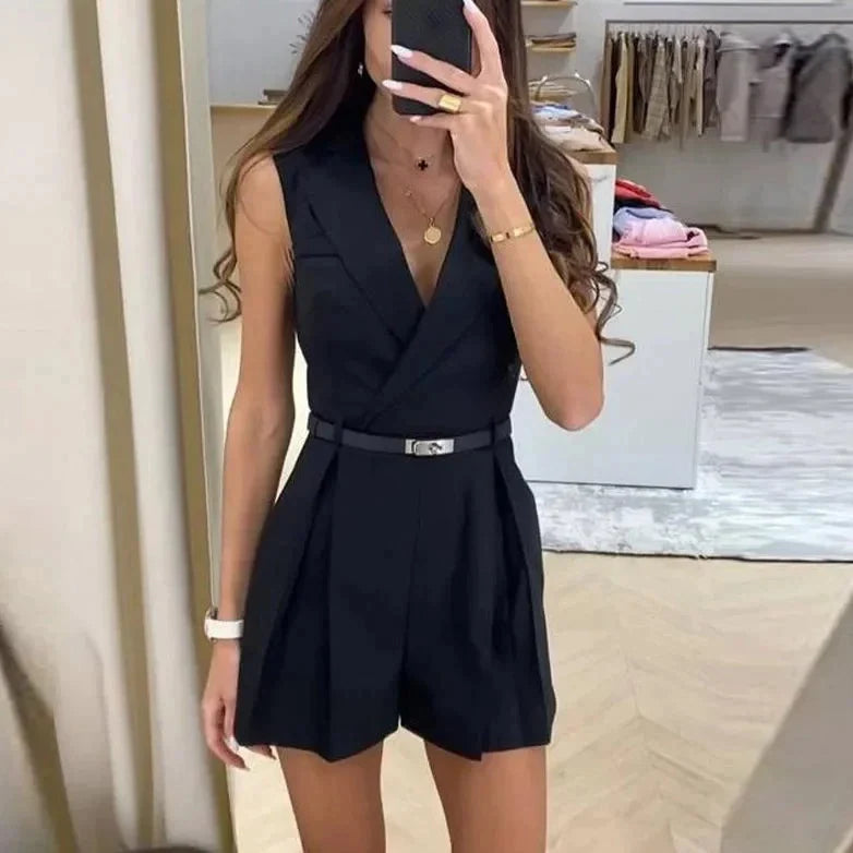 Women’s Sleeveless Blazer Romper – Elegant Tailored Belted Jumpsuit
