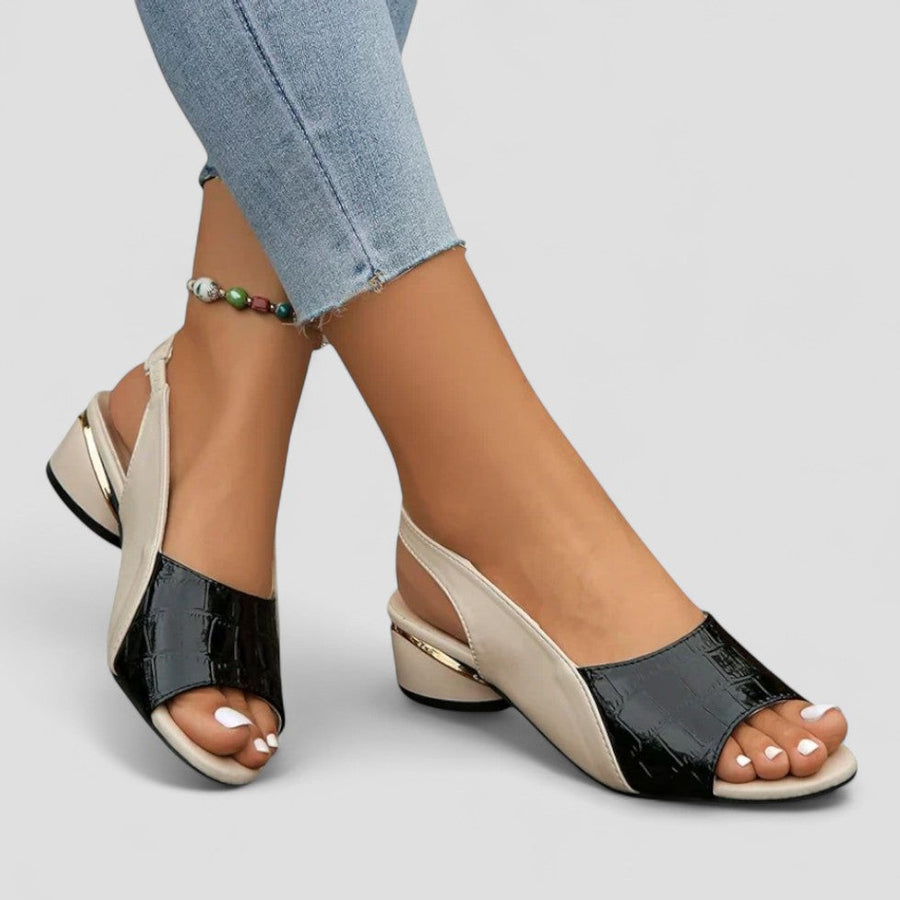 Women’s Slingback Block Heel Sandals – Two-Tone Faux Croc Open Toe