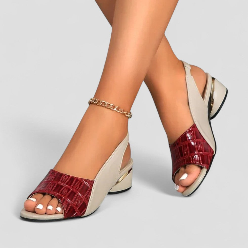 Women’s Slingback Block Heel Sandals – Two-Tone Faux Croc Open Toe