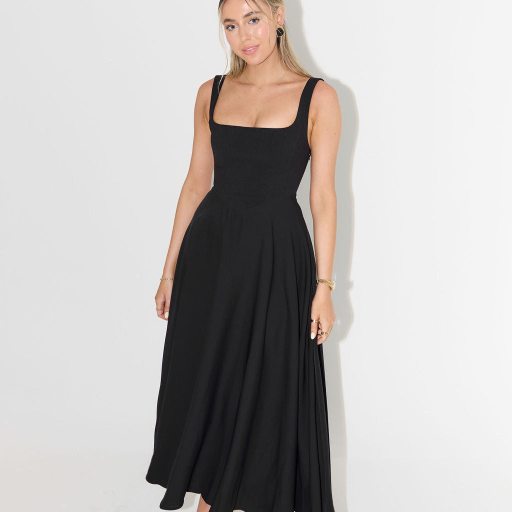 Women’s Square Neck A-Line Midi Dress – Timeless Tailored Silhouette