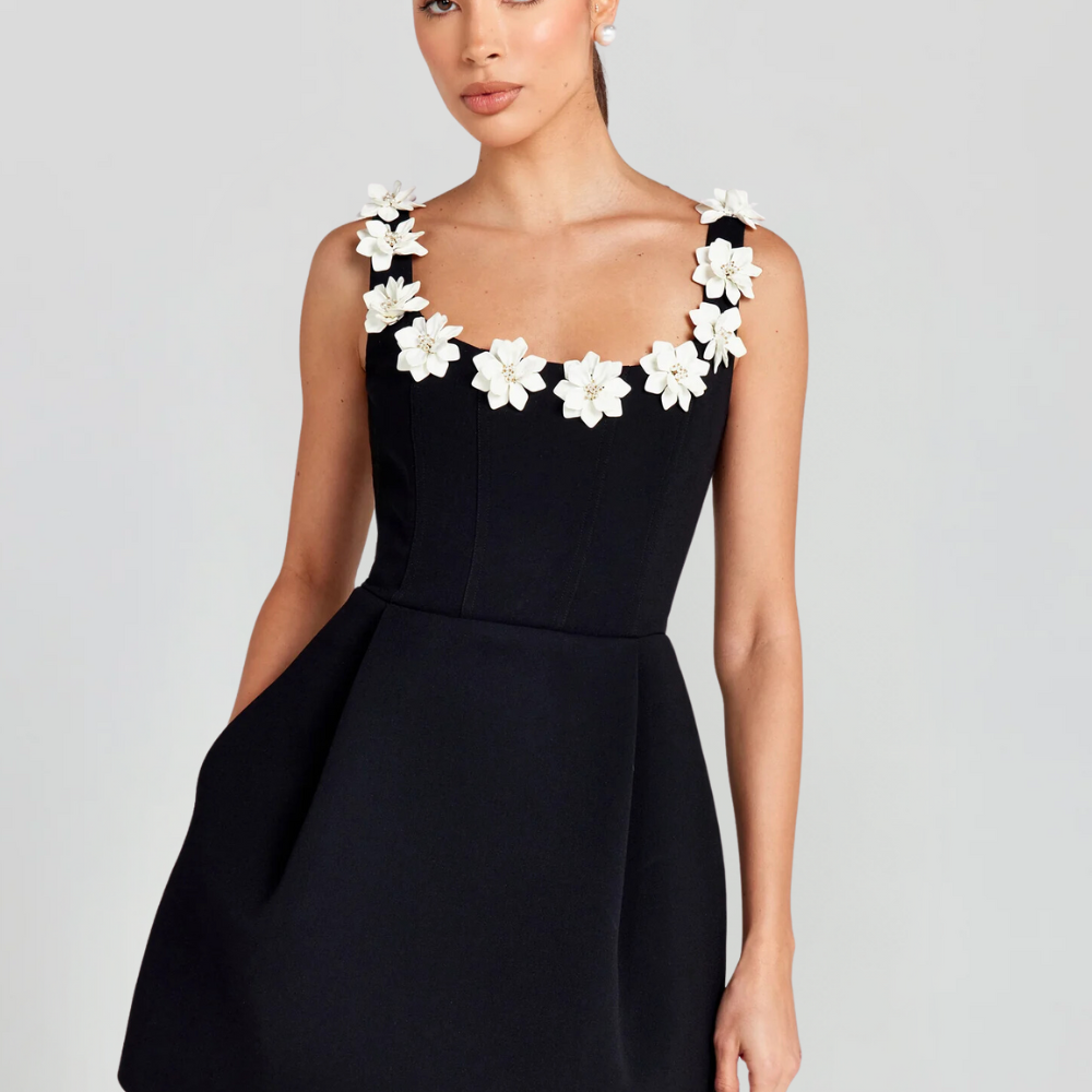 Women’s Square Neck Mini Dress – Modern Floral Accent A-Line Dress