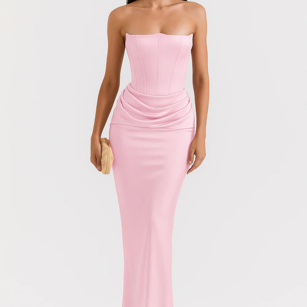 Women’s Strapless Corset Maxi Dress – Elegant Draped Evening Gown