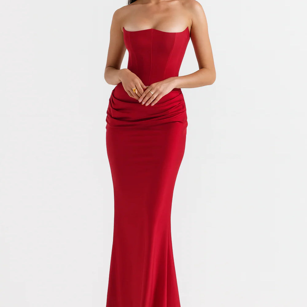 Women’s Strapless Corset Maxi Dress – Elegant Draped Evening Gown