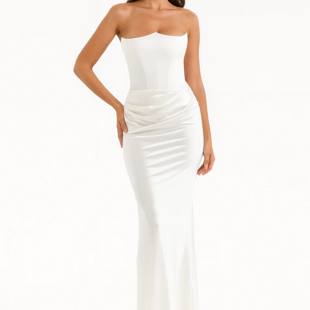 Women’s Strapless Corset Maxi Dress – Elegant Draped Evening Gown