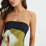 Women’s Strapless Summer Maxi Dress – Abstract Floral Print Black Green