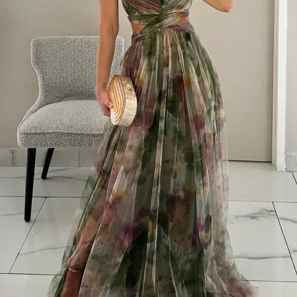 Women's Watercolor Chiffon Maxi Dress – Spaghetti Strap Backless Evening Gown