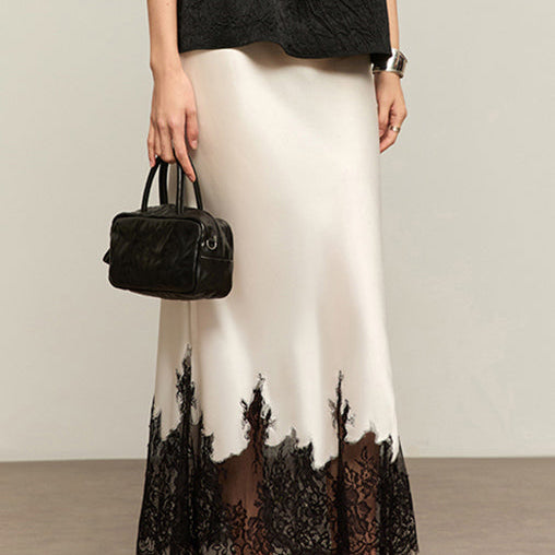 Women’s Satin Midi Skirt with Lace Hem – Elegant Contrast Detail Slip Skirt